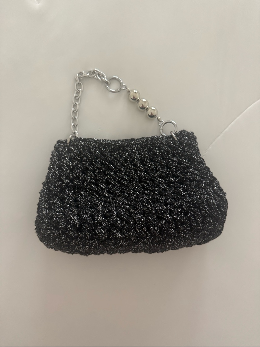 Handmade crochet pouch / Black Metallic Crochet Handbag with Silver Chain